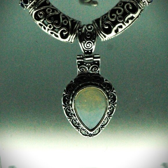 Bohemian Teardrop Moonstone Filigree Pendant on a 22" Handmade Black Hemp Chain - Picture 4 of 6
